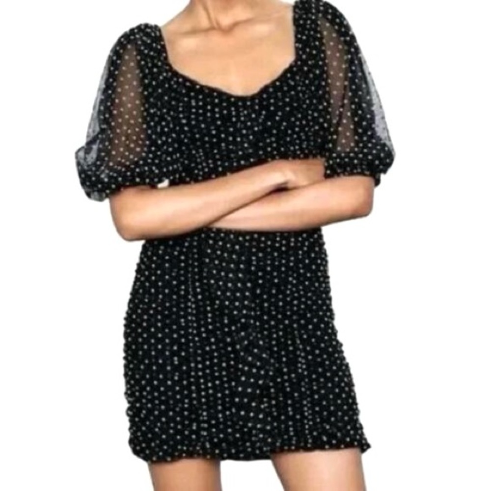 ZARA NWT Black Short Puff Sleeve Ruched Polka Dot  Mini Dress Size Medium